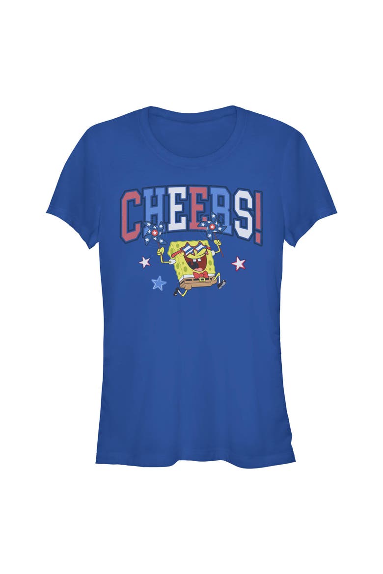 Juniors SpongeBob SquarePants Cheers Celebration T Shirt, Main, color, Royal Blue