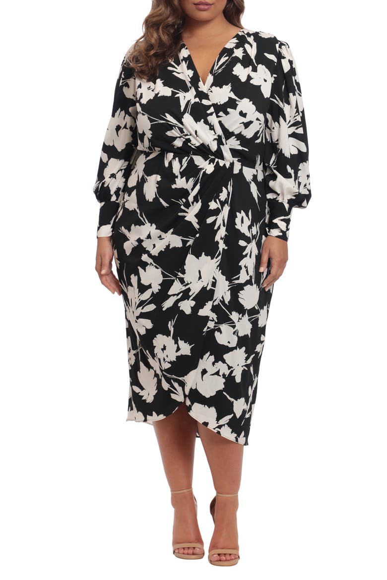 Floral Long Sleeve Faux Wrap Dress, Main, color, BLACK/ IVORY
