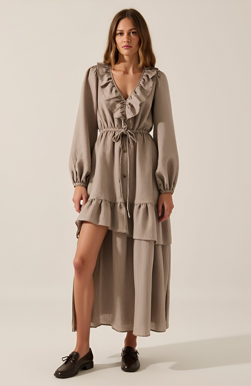 Modenaire Textured Stripe Maxi Dress With V-neck Flounce Ruffle, Bubble Sleeves And Side Slit In Gray