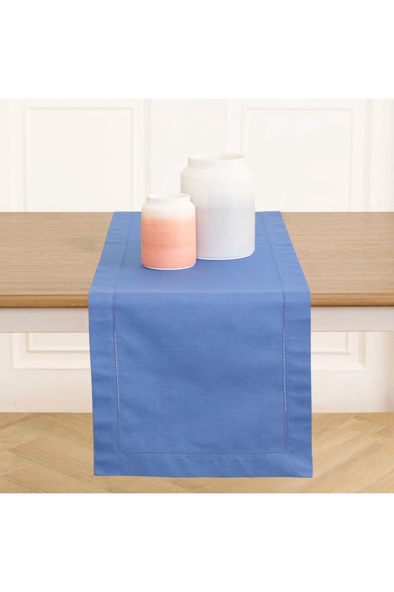 Cotton Linen Hemstitch Table Runner, Main, color, Dusty Blue