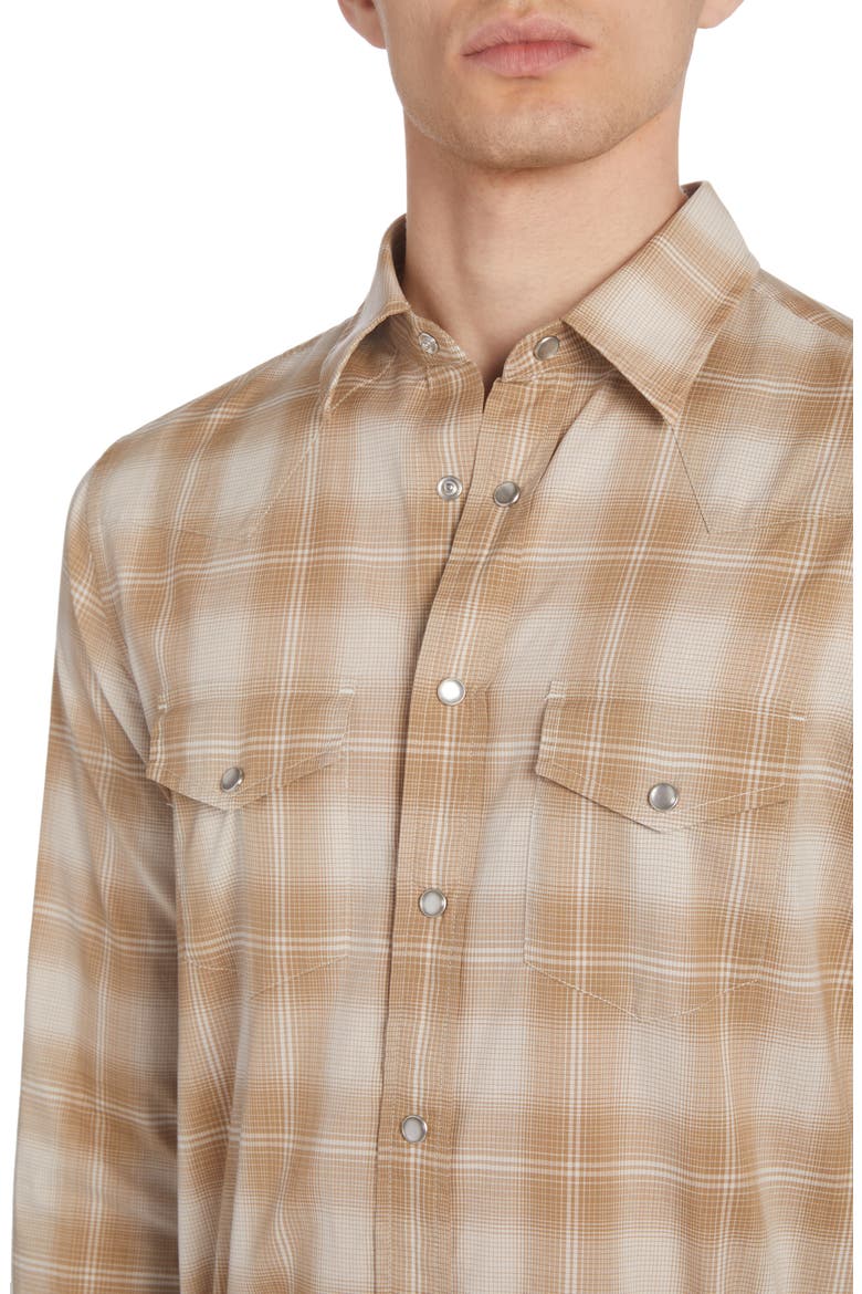 Dégradé Plaid Brushed Cotton Snap-Up Western Shirt, Alternate, color, COMBO SAND