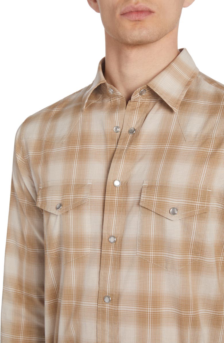 TOM FORD Dégradé Plaid Brushed Cotton Snap-Up Western Shirt, Alternate, color, Combo Sand