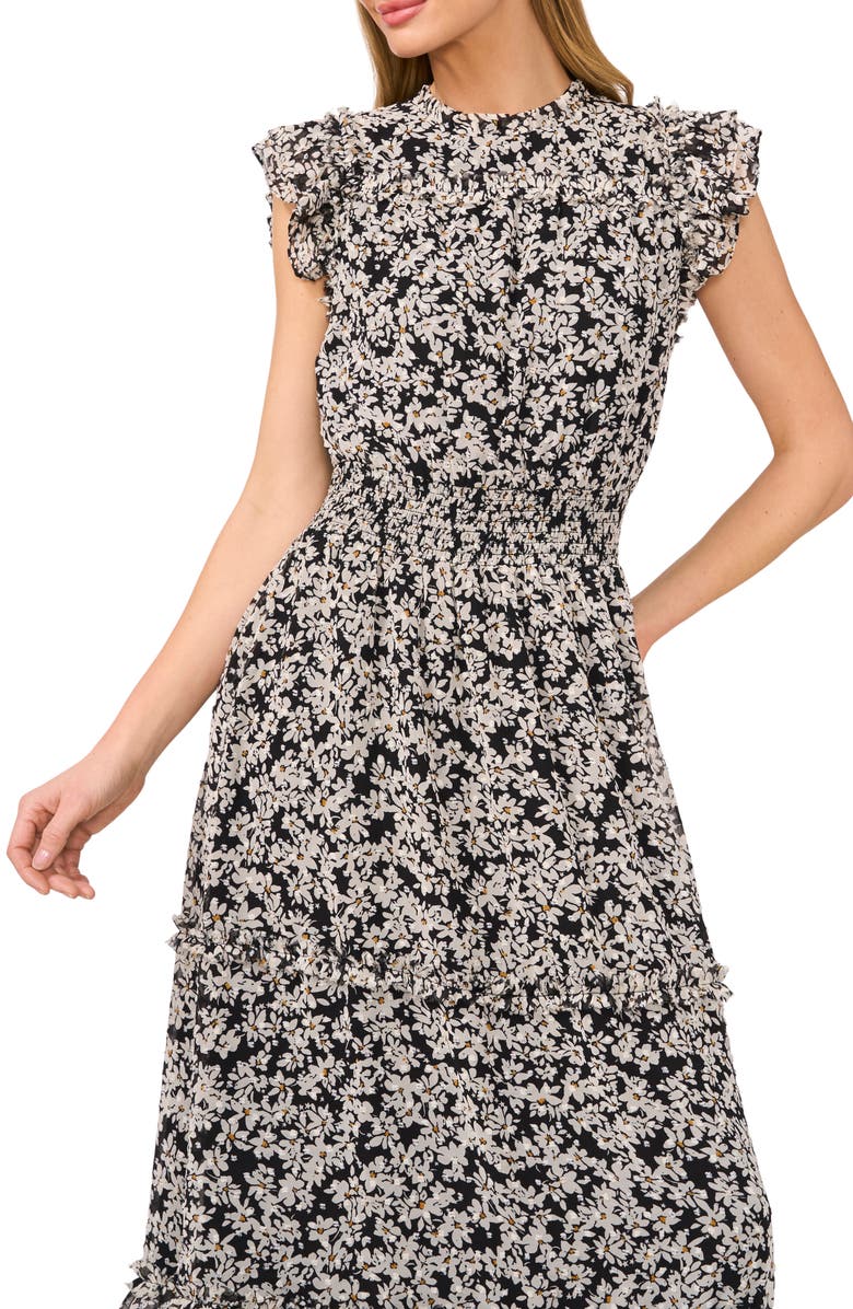 CeCe Floral Flutter Sleeve Smocked Midi Dress, Alternate, color, Rich Black