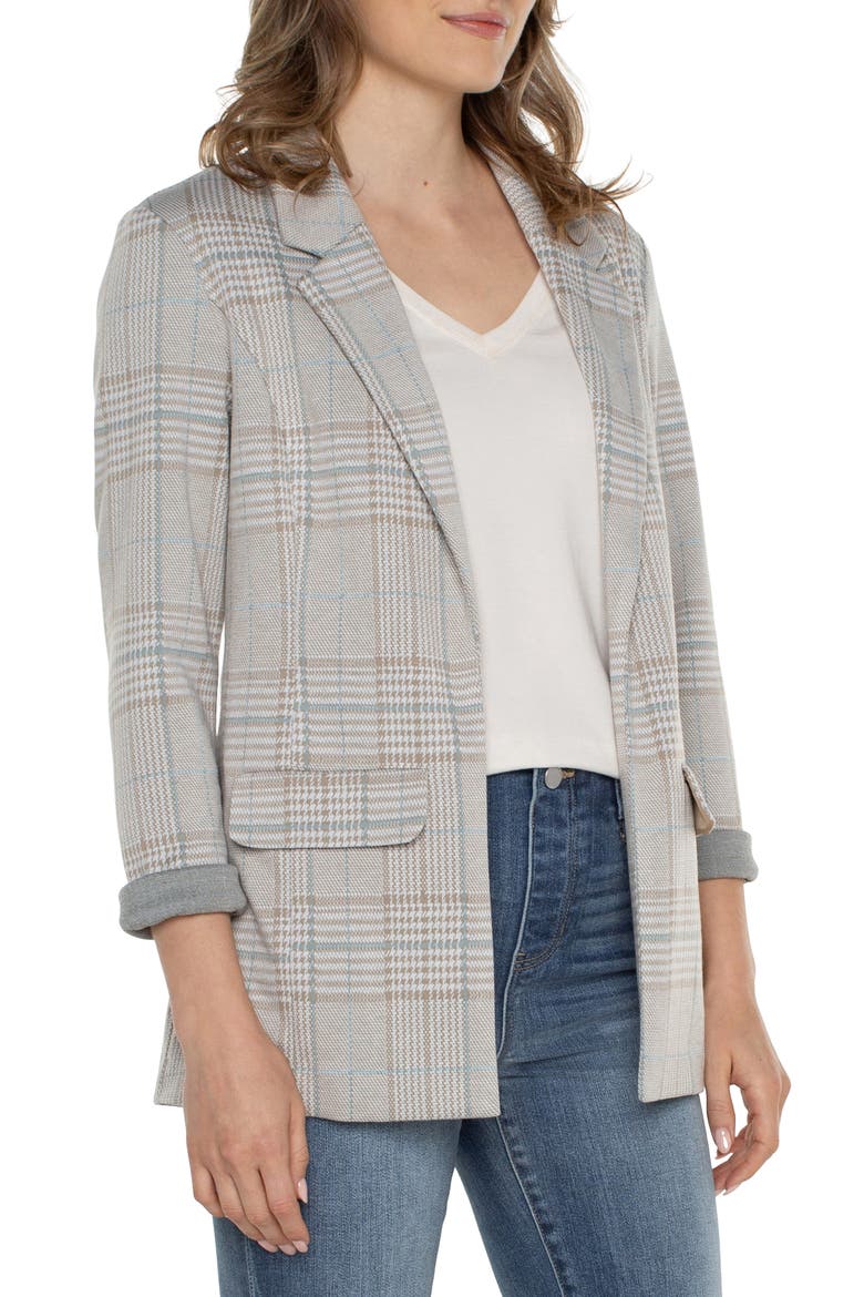 Plaid Boyfriend Blazer, Alternate, color, OATMEAL TURQUOISE PLAID