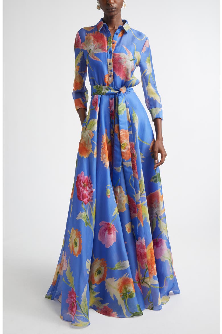 Poppy Print Belted Silk Organza Gown, Main, color, BLUEBELL MULTI