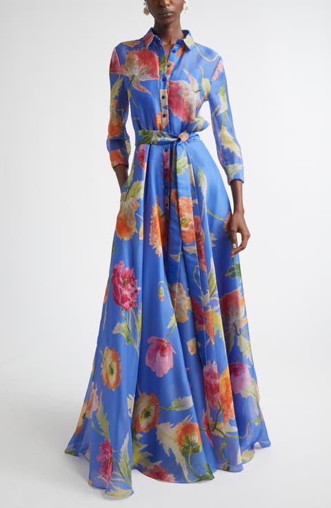 Poppy Print Belted Silk Organza Gown