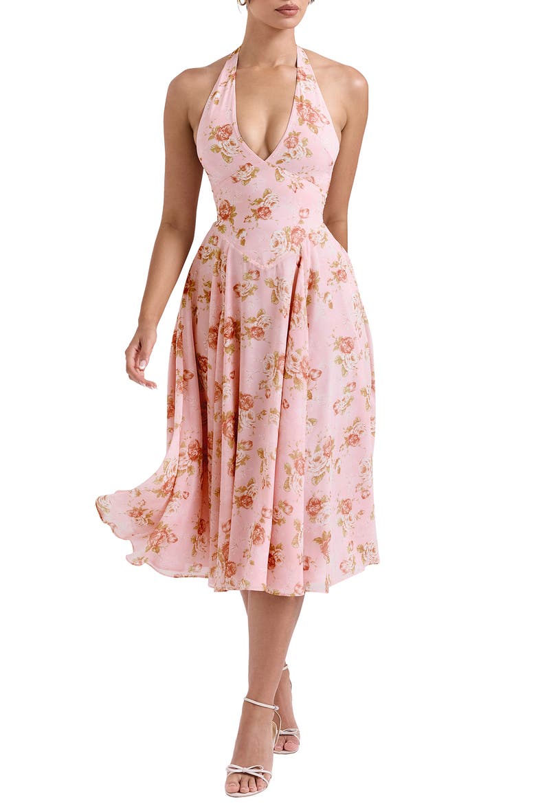 Solada Floral Halter Midi Sundress, Main, color, VINTAGE ROSE PRINT