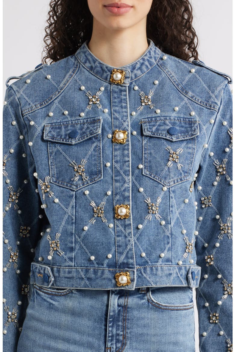 Leyana Embellished Denim Jacket, Alternate, color, BLUE
