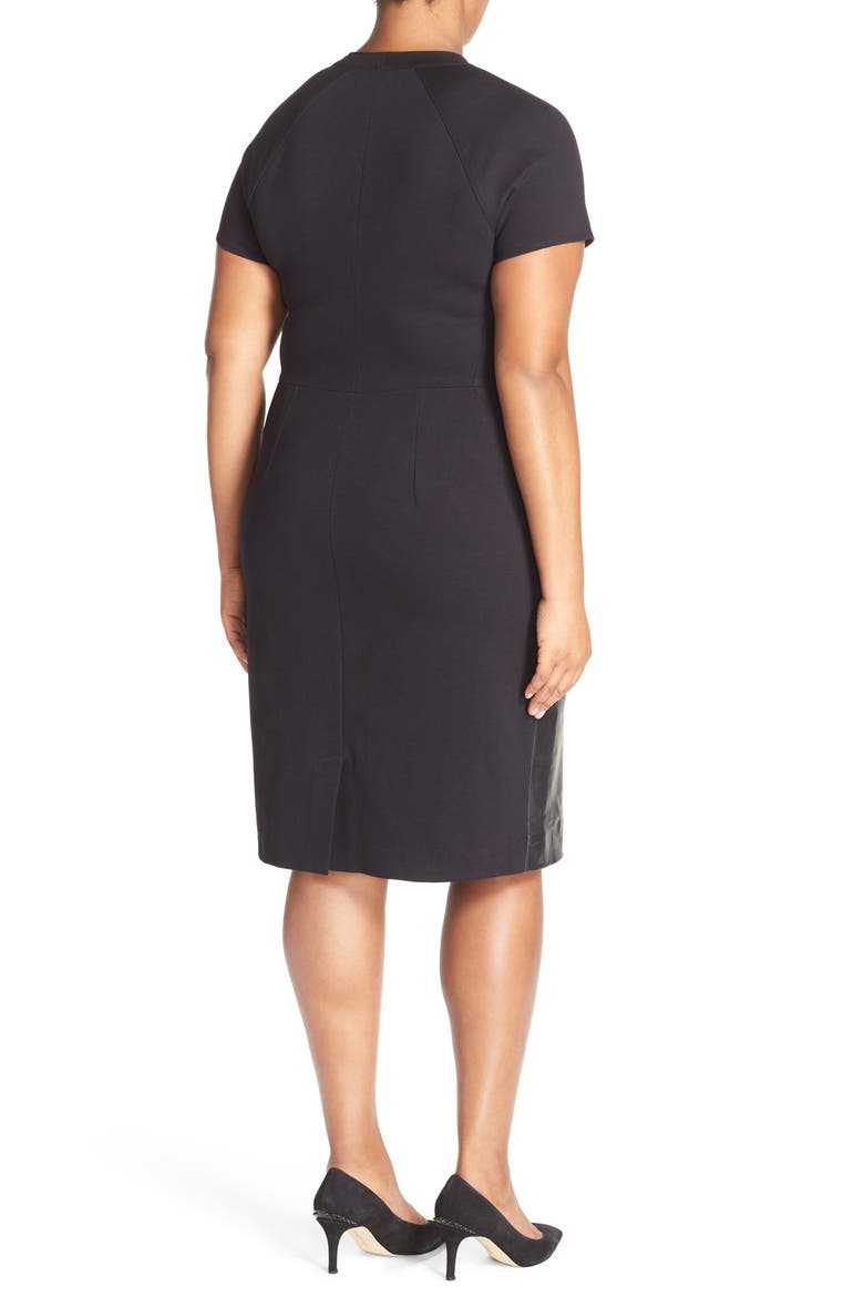 V-Neck Leather & Ponte Sheath Dress, Alternate, color, BLACK