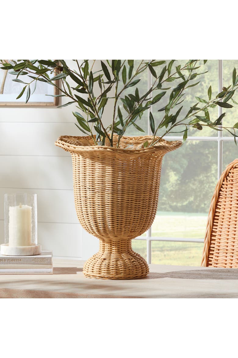 Myra Rattan Scalloped Edge Footed Urn - Natural Rattan Decor, Alternate, color, Brown