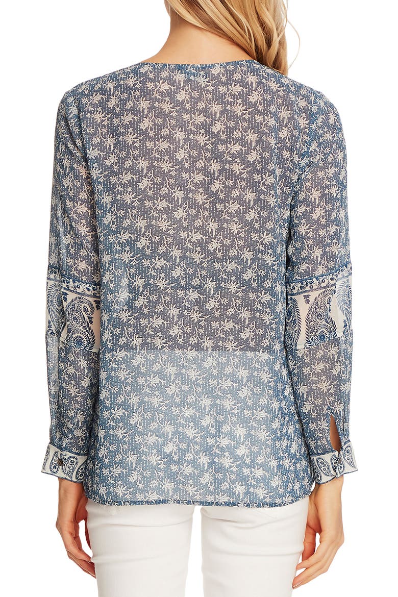 Mix Print Tie Neck Peasant Blouse, Alternate, color, NIGHT NAVY