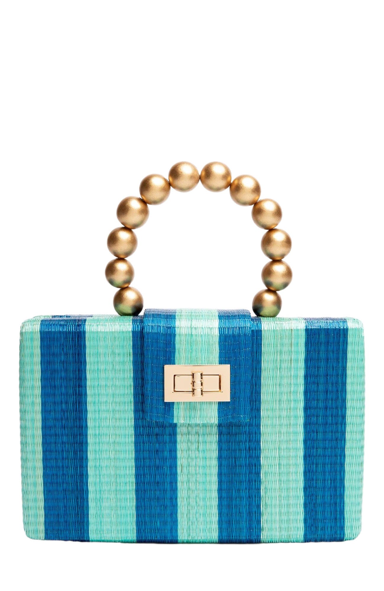 Soli & Sun THE LOUISA Woven Straw Clutch Bag in Blue & Turquoise Stripe 