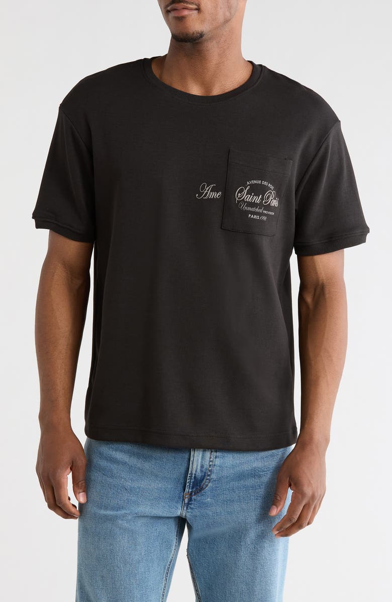 DENIM AND FLOWER Relaxed Fit Saint Paris Graphic Pocket T-Shirt, Main, color, Black