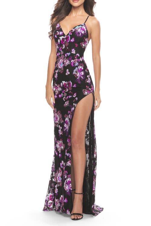La Femme Floral Print Sequin Lace Dress With High Slit In Black
