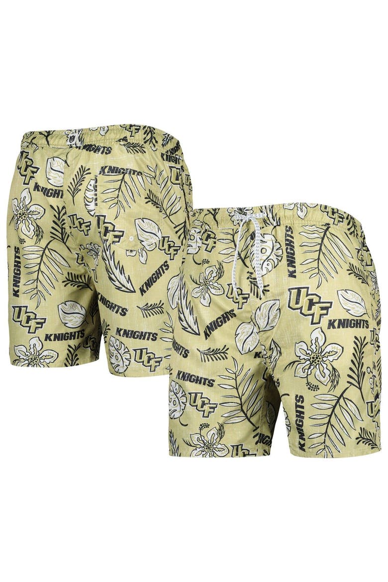 Men's Wes & Willy Khaki UCF Knights Vintage Floral Swim Trunks, Main, color, Vegas Gold