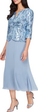 Alex Evenings Sequin Floral Stretch Crepe Cocktail Dress & Jacket