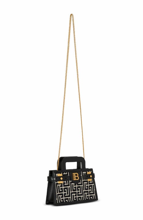 Balmain B-buzz Small Top Handle Monogrammed Canvas And Leather Bag In Black