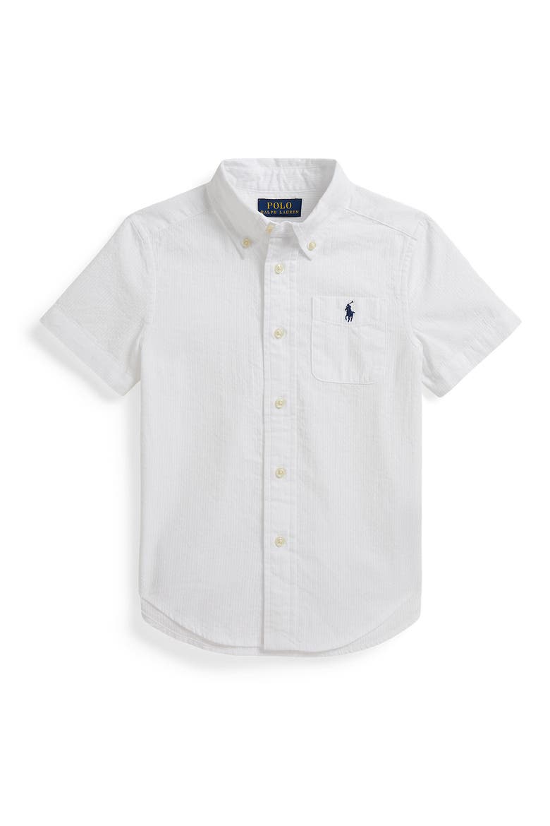 Kids' Short Sleeve Cotton Seersucker Button-Down Shirt, Main, color, WHITE