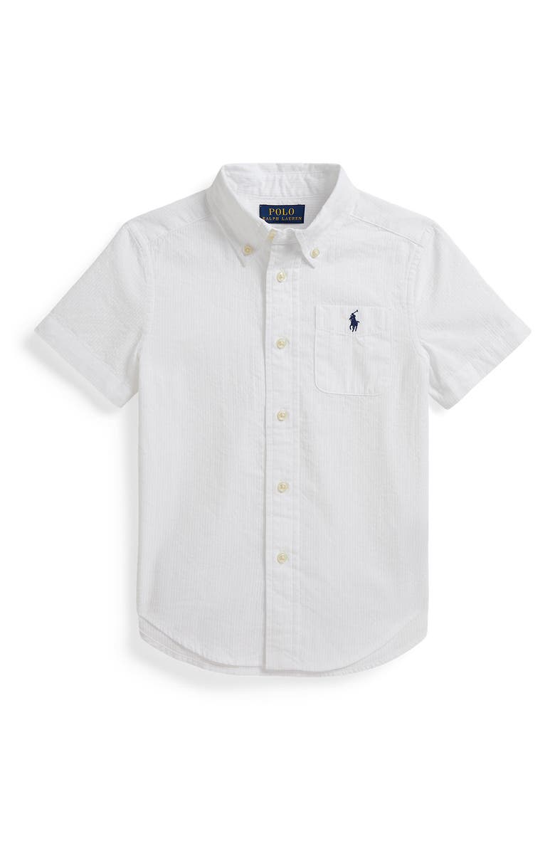 Polo Ralph Lauren Kids' Short Sleeve Cotton Seersucker Button-Down Shirt, Main, color, White Navy