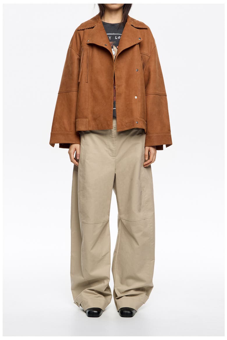 Leather Double-Breasted Fringed Leather Jacket, Main, color, TOBACCO