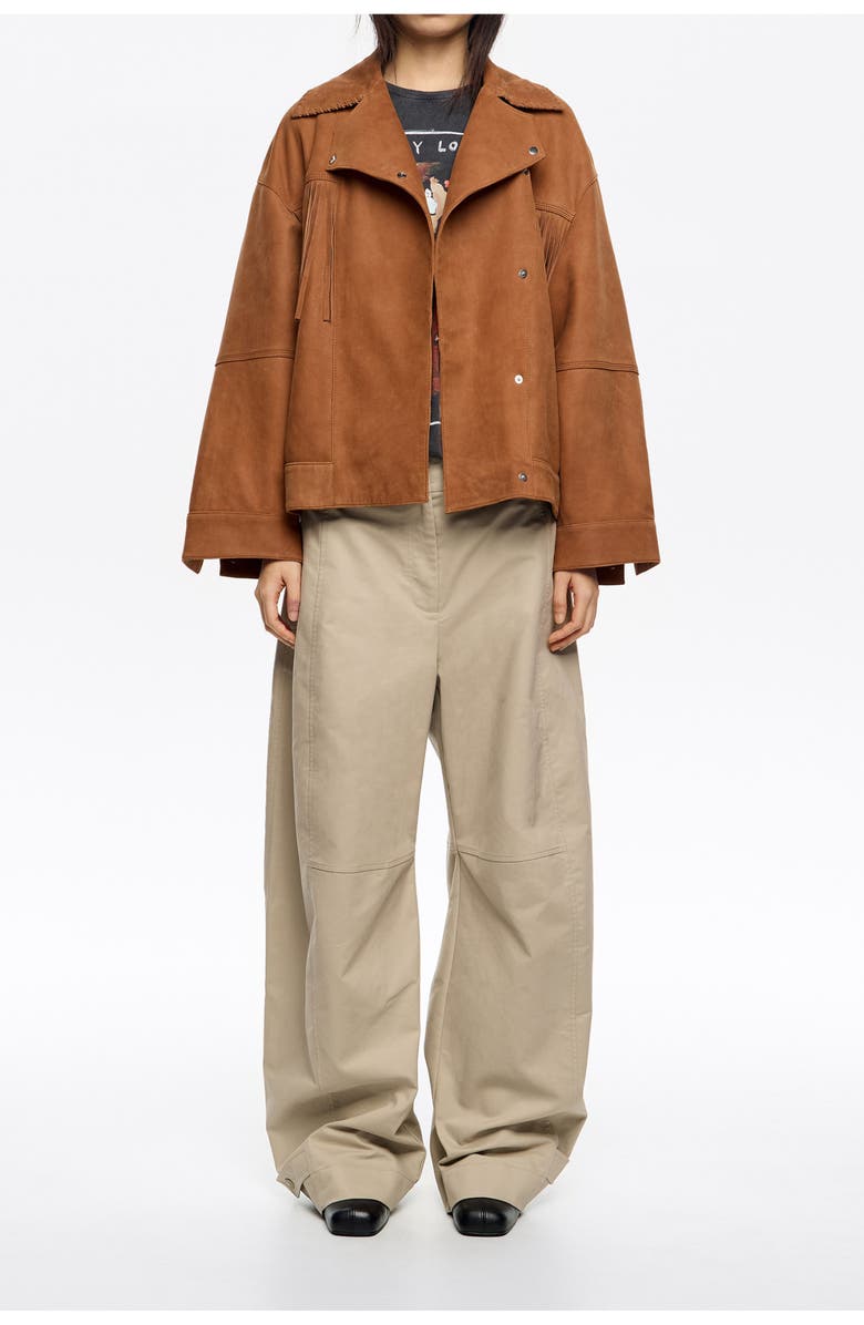 Bimba y Lola Leather Double-Breasted Fringed Leather Jacket, Main, color, Tobacco