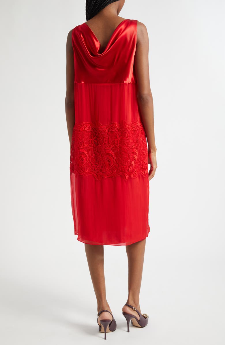 FERRAGAMO Lace Trim Cowl Neck Satin & Chiffon Shift Dress, Alternate, color, New Red