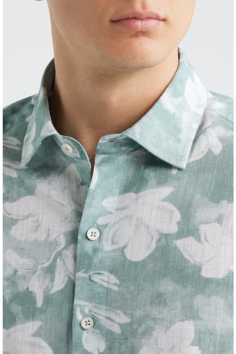 Kyliam Floral Print Short Sleeve Cotton Button-Up Shirt, Alternate, color, DUSTY TEAL