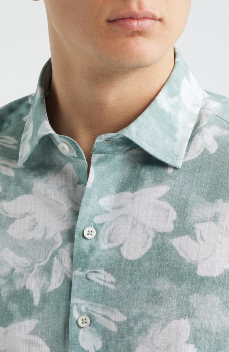 Robert Barakett Kyliam Floral Print Short Sleeve Cotton Button-Up Shirt, Alternate, color, Dusty Teal
