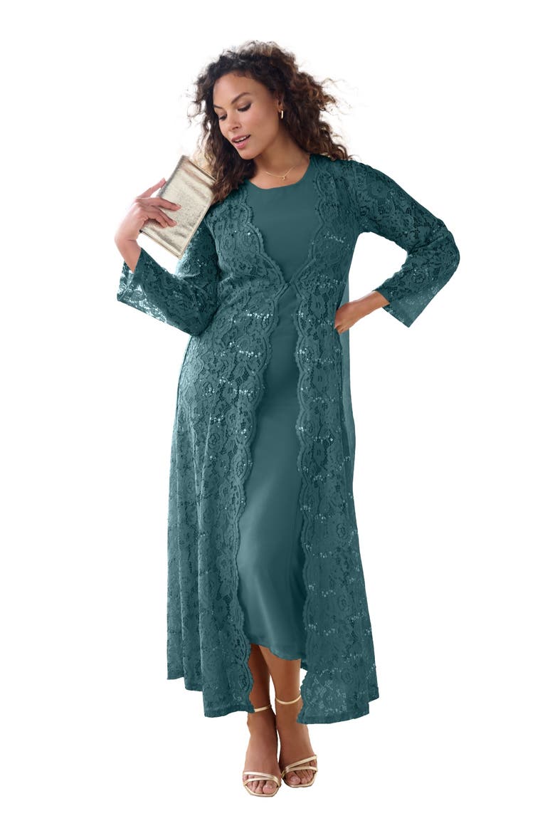 Lace Jacket Maxi Dress Set, Main, color, MYSTIC PINE