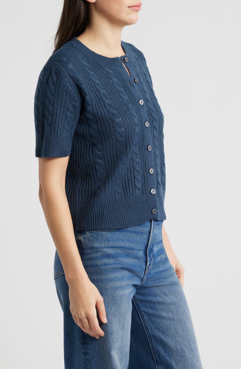 Lucky Brand Short Sleeve Cable Cardigan, Alternate, color, Midnight Navy