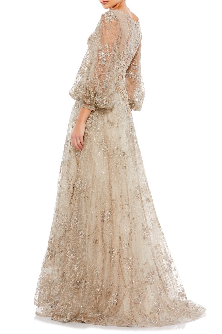 Embellished Plunge Neck Puff Sleeve A Line Gown, Alternate, color, MOCHA