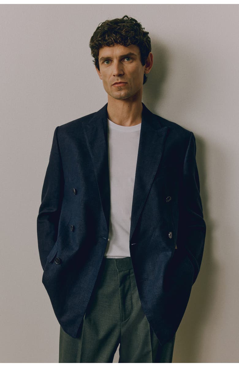 H&M Relaxed Fit Double-breasted Linen-blend Jacket, Alternate, color, Navy Blue
