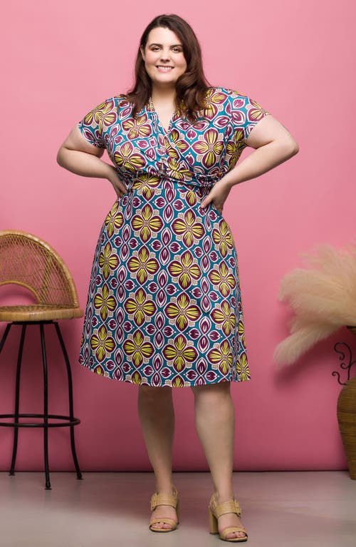 24seven Comfort Apparel Plus Size Print Short Sleeve Knee Length V-neck Wrap Dress In Yellow Multi