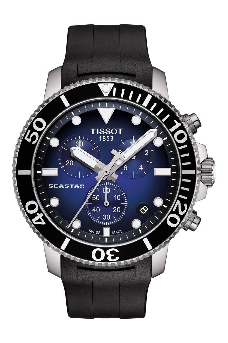 T-Sport Seastar 1000 Rubber Strap Chronograph Watch, 45mm, Main, color, BLACK/ BLUE/ SILVER