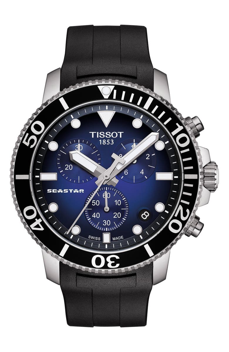 Tissot T-Sport Seastar 1000 Rubber Strap Chronograph Watch, 45mm, Main, color, Black/ Blue/ Silver