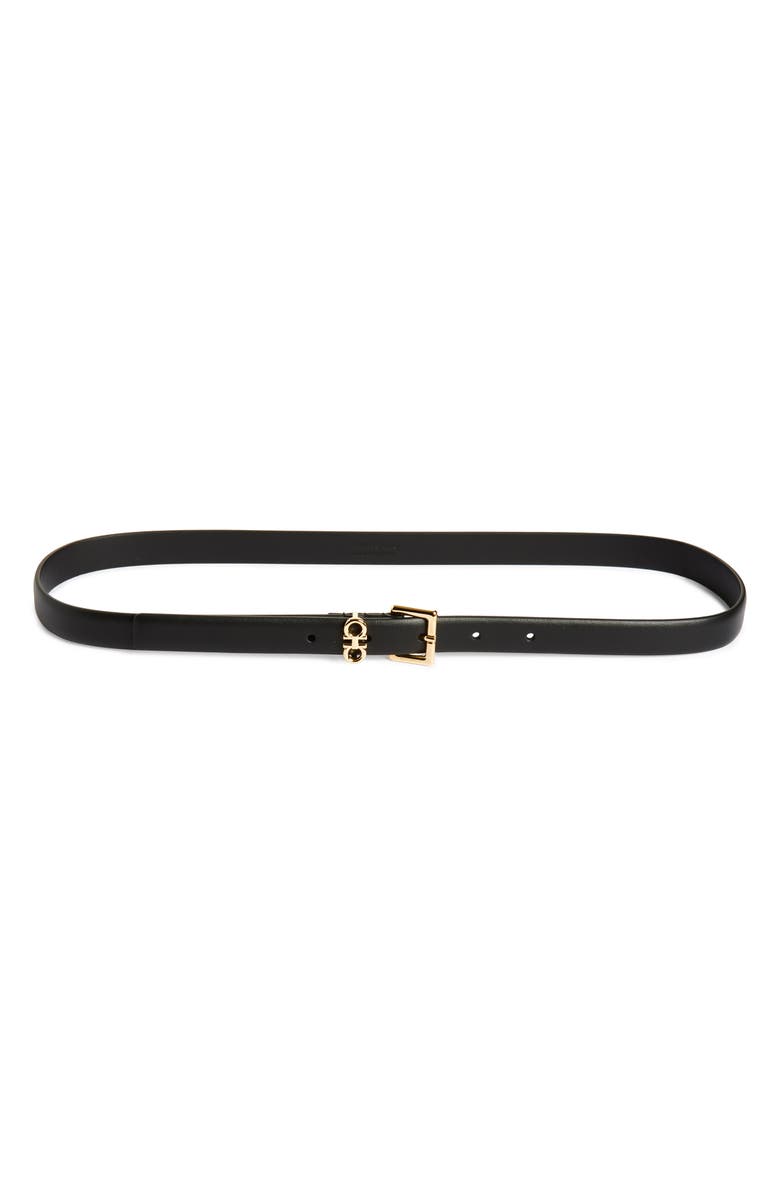 FERRAGAMO Slim Double Gancio Leather Belt, Main, color, Nero