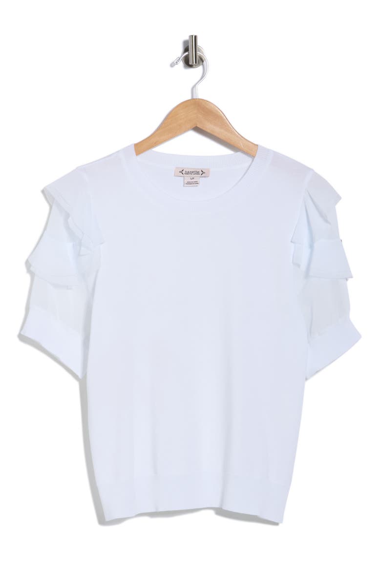 Ruffle Short Sleeve Mixed Media Sweater, Alternate, color, WHITE