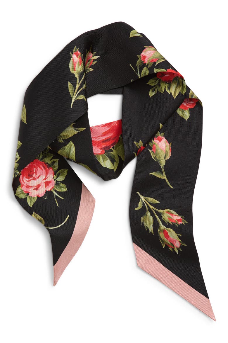 Rose Bouquet Silk Twill Skinny Scarf, Alternate, color, HN5ZN BOUQUET ROSE F.NERO