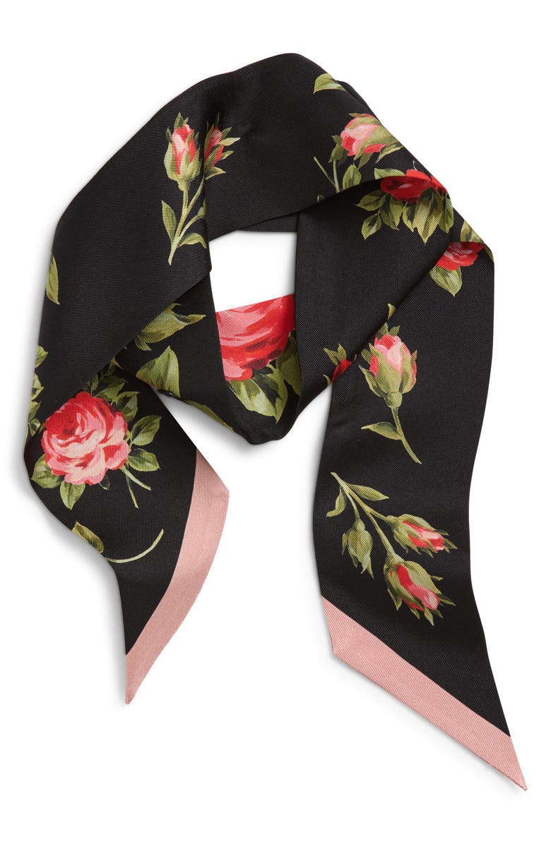 Dolce&Gabbana Rose Bouquet Silk Twill Skinny Scarf, Alternate, color, Hn5zn Bouquet Rose F.nero