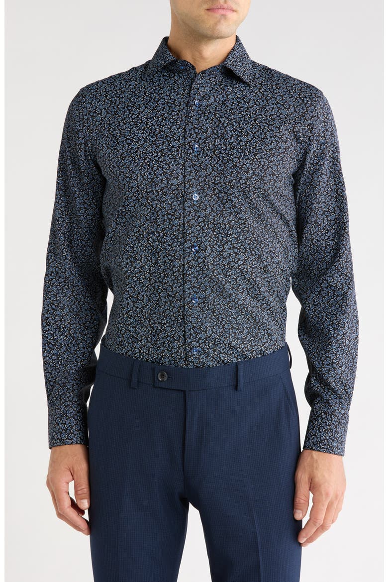 Trim Fit Floral Print Dress Shirt, Main, color, NAVY