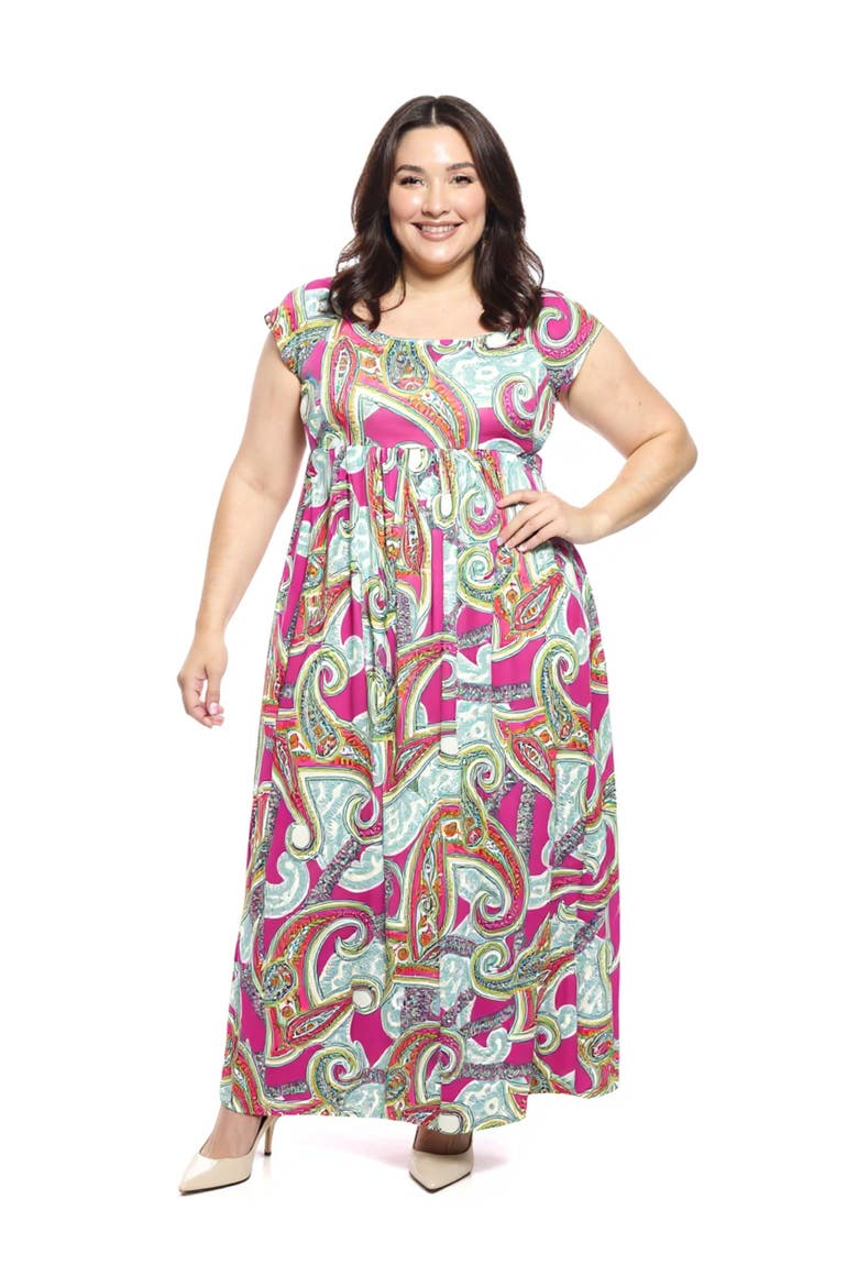 Plus Size Paisley Square Neck Cap Sleeve Pleated A-Line Maxi Dress, Main, color, Pink Multi