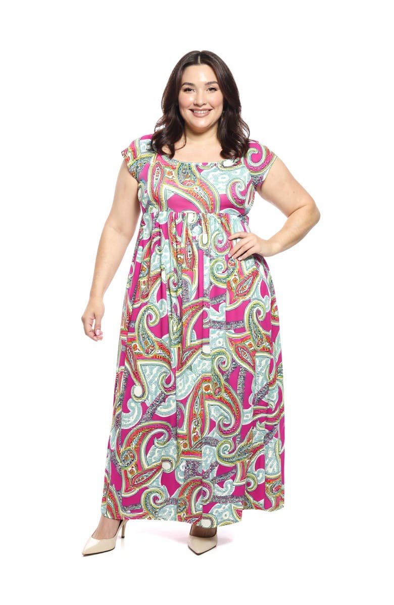 24seven Comfort Apparel Plus Size Paisley Square Neck Cap Sleeve Pleated A-Line Maxi Dress, Main, color, Pink Multi