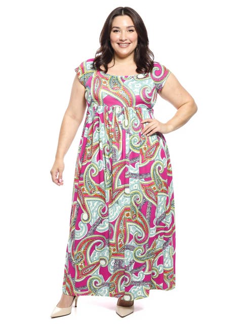Plus Size Paisley Square Neck Cap Sleeve Pleated A-Line Maxi Dress