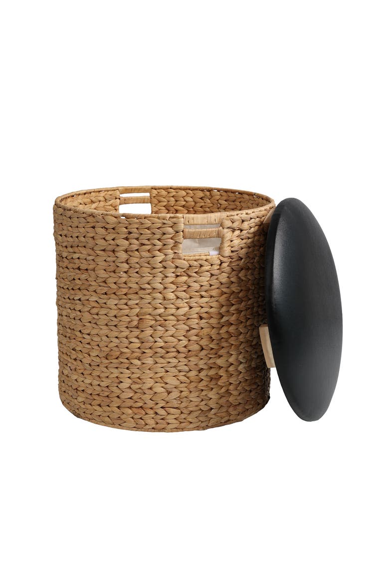 Josie 18" Modern Coastal Hand-Woven Hyacinth Storage Ottoman with Lid, Main, color, Natural/Black