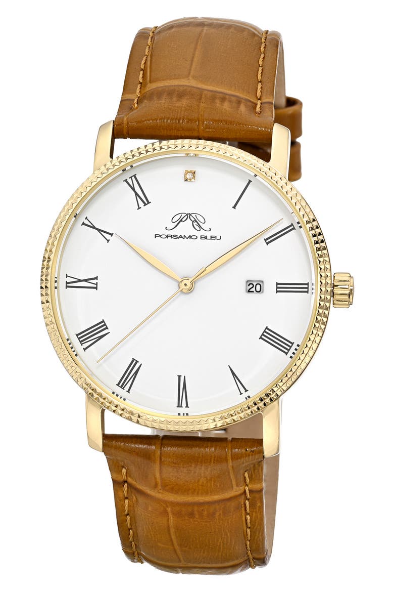 Veritas 1 Croc Embossed Leather Strap Watch, 40mm, Main, color, GOLD