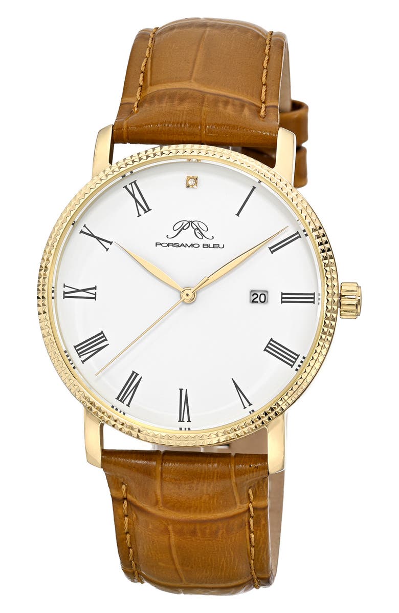 PORSAMO BLEU Veritas 1 Croc Embossed Leather Strap Watch, 40mm, Main, color, Gold