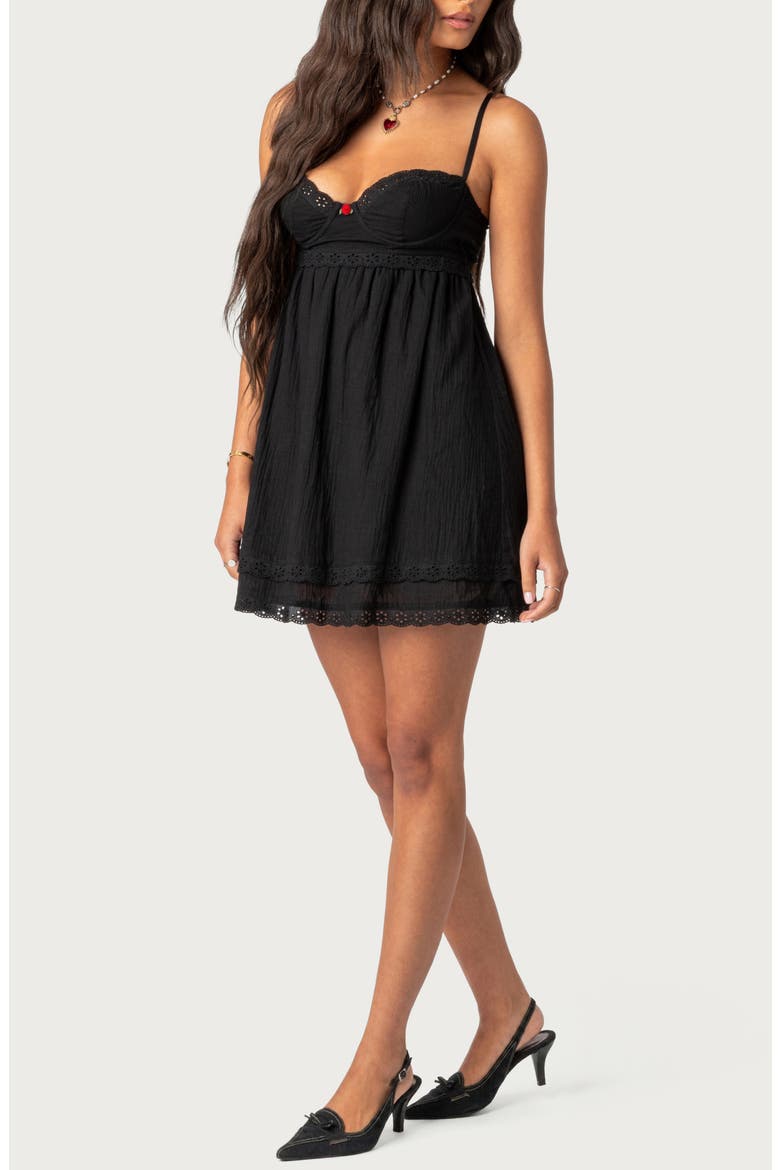 Bonny Eyelet Trim Cotton Babydoll Minidress, Main, color, BLACK