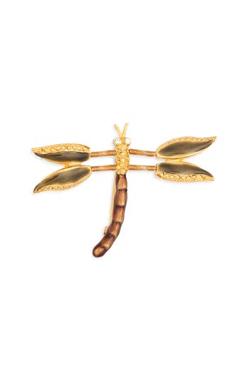Cz By Kenneth Jay Lane Enamel & Crystal Dragonfly Pin In Polished Gold