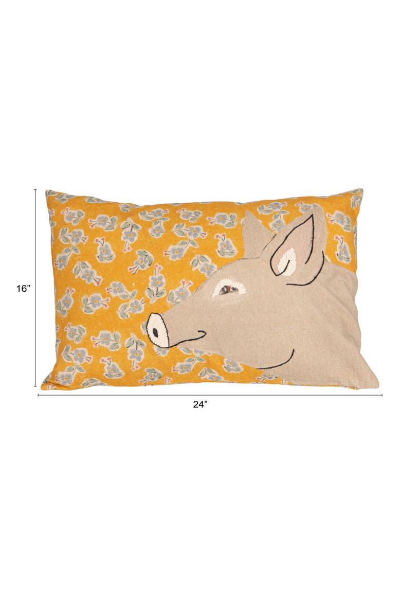 Cotton Blend Printed Pillow with Pig Image and Embroidery, Multicolor, Alternate, color, Yellow