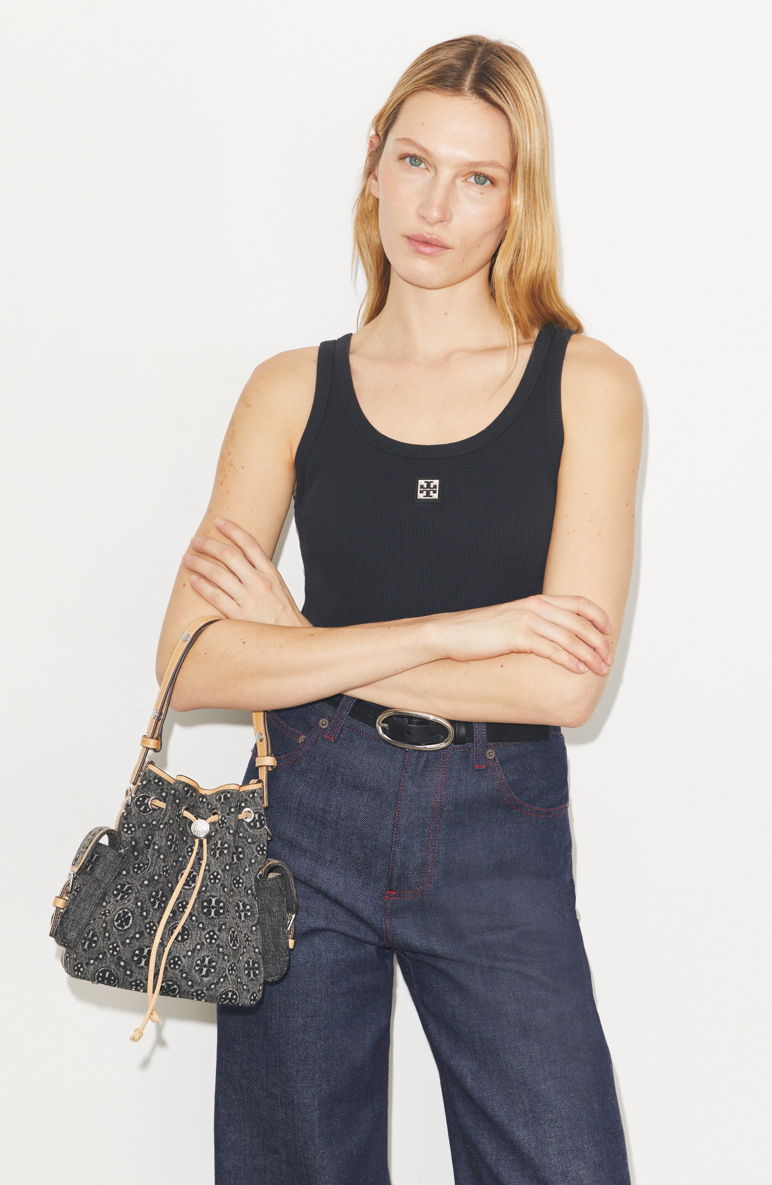 Tory Burch T Monogram Denim Bucket Bag, Alternate, color, Black
